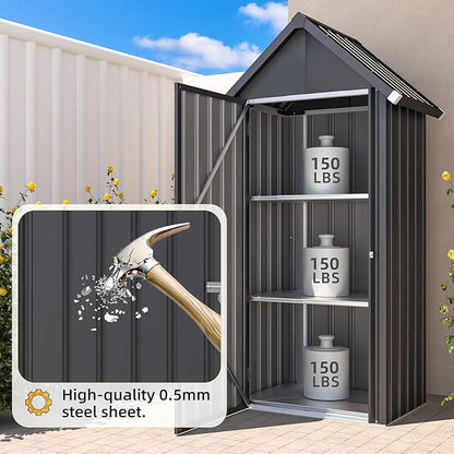 AECOJOY Outdoor Storage Cabinet Waterproof, Vertical Tall Outdoor Storage Cabinet with Shelves, All Weather Metal Vertical Storage Shed & Outdoor Cabient for Garden in Dark Grey