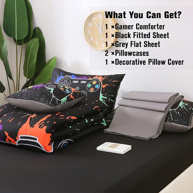 JQinHome Queen Gamer Comforter Sets for Boys&Girls,6 Piece Bed in A Bag 3D Video Game Bedding -All Season Microfiber Gamer Bedding Sets for Kids, with Pillowcase, Flat & Fitted Sheet,Cushion Cover