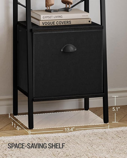 Narrow Bookshelf Bookcase with Drawer, Ladder Shelf with 2 Hooks, Bookshelves Storage Organizer, Freestanding Display Standing for Home Office, Bedroom, 5 Tier Black BC19504B