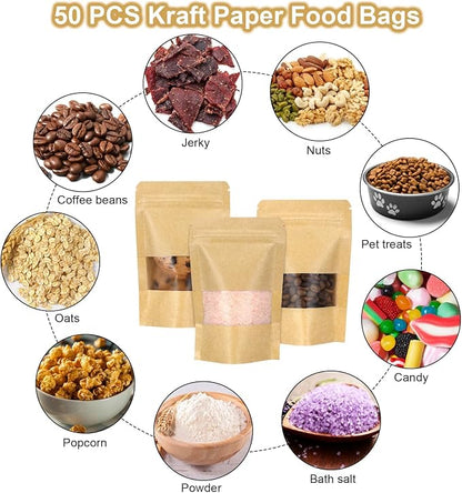 50 Pack Kraft Resealable Bags with Window for Storage (6.5 x 8.7 Inches) | Brown Zipper-Lock Heat Sealable Stand Up Pouch Bags with Matte Window and Tear Notch for Small Business Home Use