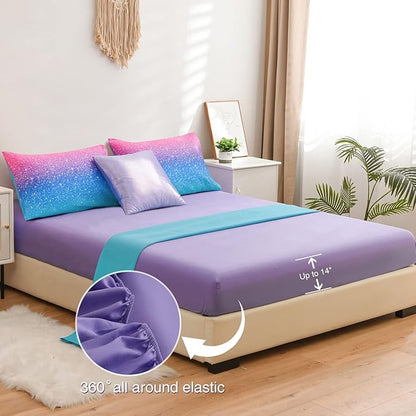 A Nice Night 6Pcs Gradient Glitter Bedding Set for Girls Queen Size, Colorful Rainbow Galaxy Comforter Set, Ultra Soft Bedding Sets, Blue