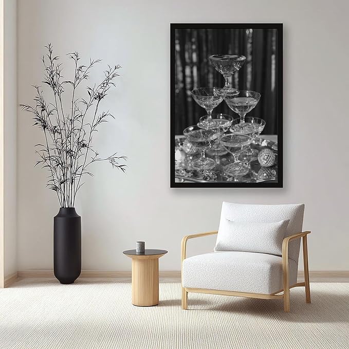 UXCBIA Stacked Champagne Glasses With Mirror Balls, Black And White, Wine Glasses Poster Canvas Poster Bedroom Decor Sports Landscape Office Room Decor Gift Black Frame 16x24in(40x60cm)