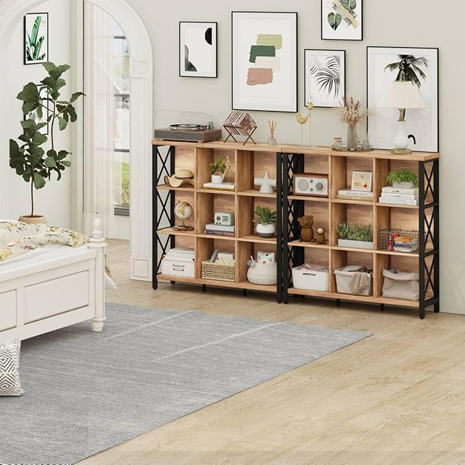 FATORRI 9 Cube Storage Bookshelf, Industrial 4 Shelf Book Shelf, Farmhouse Wood and Metal Cubby Bookcase for Home Office (39.37" W, Rustic Oak)