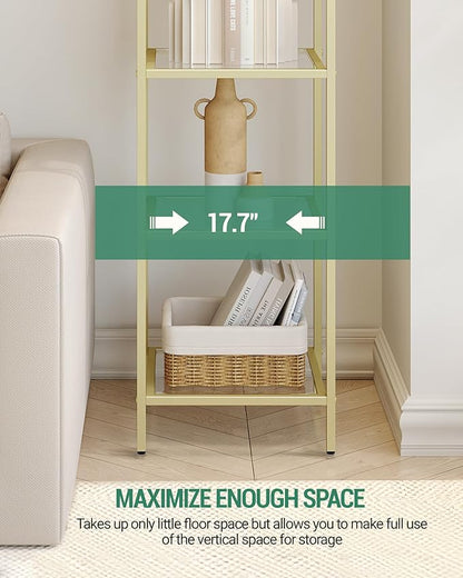 Bookcase Bookshelf, Tempered Glass Arched Bookshelf for More Storage, Slim Shelving Unit for Bedroom, Bathroom, Home Office, Steel Frame, 5 Tier Gold BC20599G