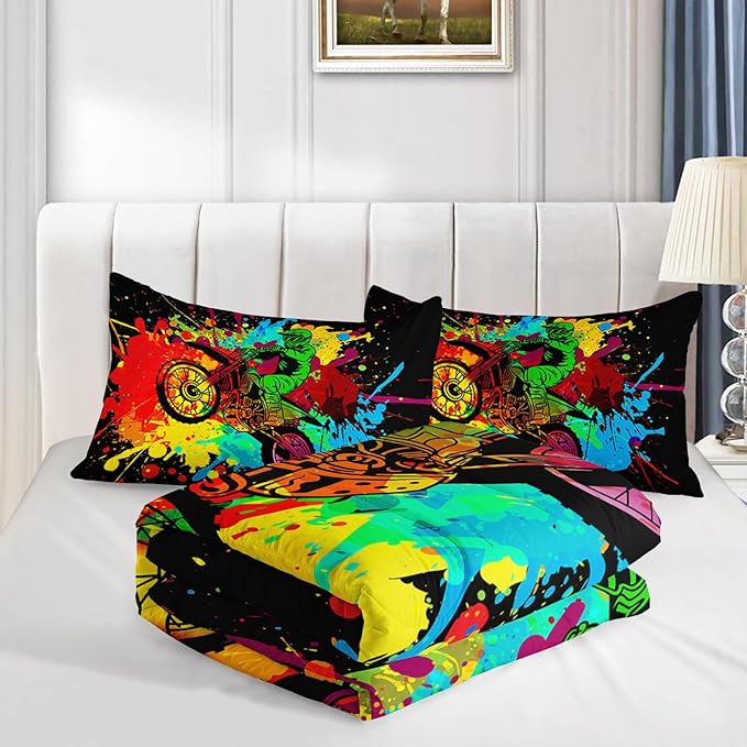 Axolotl Motocross Bedding Set Full,Dirt Bike Comforter Set,Extreme Sports Bedding,Motorcycle Racer Comforter Set Motocross Comforter Motor Vehicles Biker for Boys Kids Teens Men,1 Quilt 2 Pillowcases