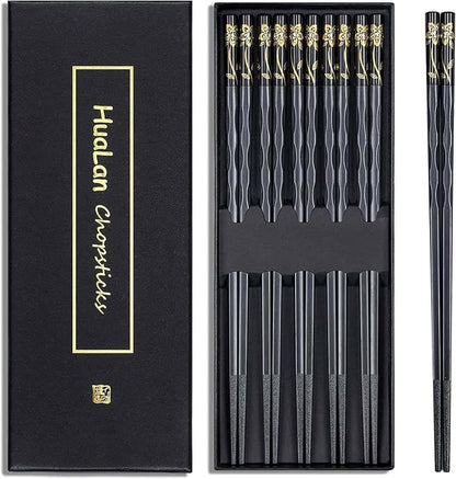 Fiberglass Chopsticks Series - Japanese Non-Slip Chopstick, Reusable Chop Sticks Dishwasher Safe, 5 Pairs, Gift Set, 9.9 Inches, Black