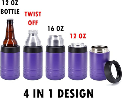 4-in-1 Stainless Steel 12 oz Double Wall Vacuum Insulated Can or Bottle Cooler Keeps Beverage Cold for Hours - Also Fits 16 oz Cans - Powder Coated Purple - Clear Water Home Goods