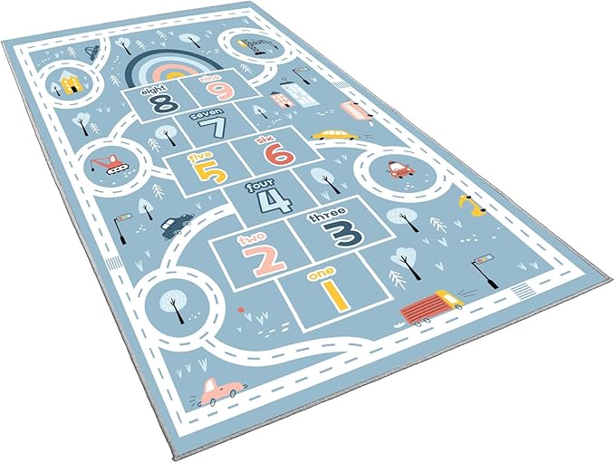 Kids Rug Play Mat, Car Rug, Hopscotch Rug, Hopscotch Mat for Kids, Can Be Used to Play with Cars Kids Carpet Play Mat,(Blue,160×230cm/63×91IN)