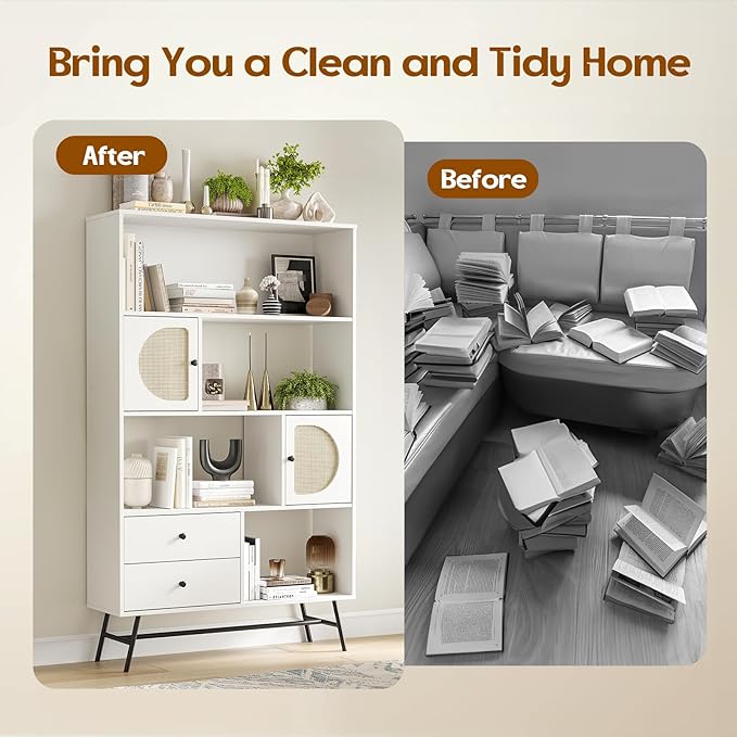 Soohow 4 Shelf Bookcase and Bookshelves with Drawer, 65” Tall Bookcases with Storage Shelves, Bookshelves and Bookcases with Rattan Cabinet and Metal Legs for Home Office, Living Room and Bedroom.