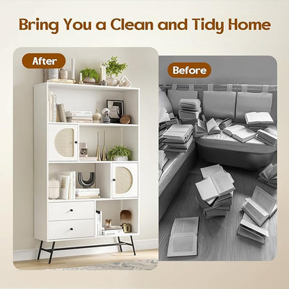 Soohow 4 Shelf Bookcase and Bookshelves with Drawer, 65” Tall Bookcases with Storage Shelves, Bookshelves and Bookcases with Rattan Cabinet and Metal Legs for Home Office, Living Room and Bedroom.
