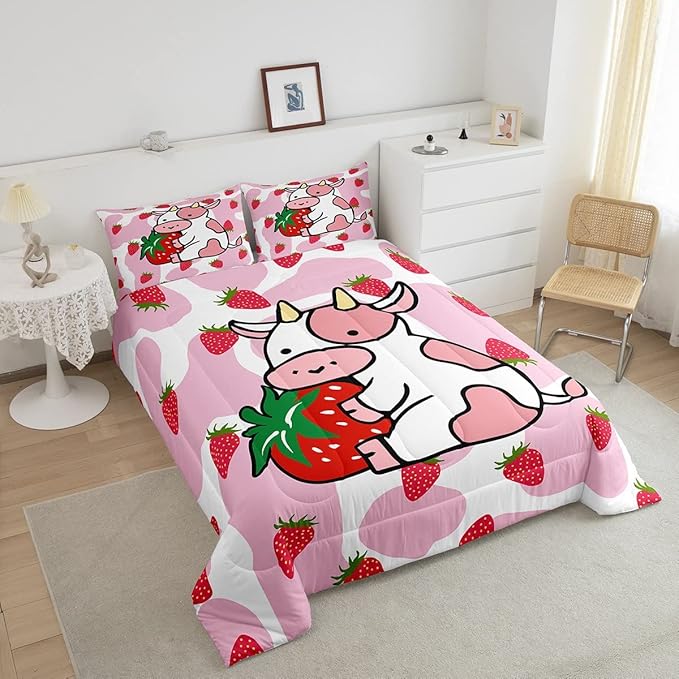 Feelyou Milk Cow Comforter Pink White Cow Strawberry Pattern Comforter Set Bedding Set for Kids Adults Kawaii Girls Milk Cow Print Duvet Set Ultra Soft Room Decor Full Size Quilt Set