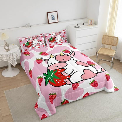 Feelyou Milk Cow Comforter Pink White Cow Strawberry Pattern Comforter Set Bedding Set for Kids Adults Kawaii Girls Milk Cow Print Duvet Set Ultra Soft Room Decor Twin Size Quilt Set