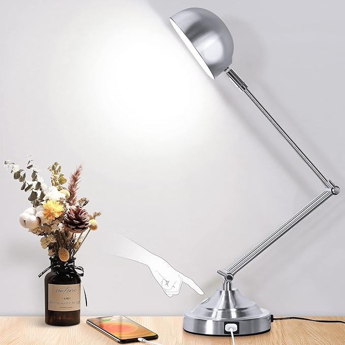 Touch Control LED Desk Lamp with USB Charging Port, Architect Brushed Nickle Lamp with Adjustable Swing Arm, Dimmable Silver Desk Lamp for Home Office Reading Study, 3000K/4000K/5000K 3 Color Modes