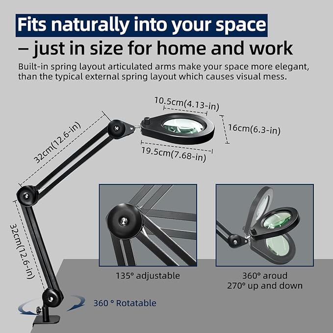 LED Magnifying Lamp with Premium Swing Arm, 5X Magnifying Glass with 5-Color Dimmable Light, Heavy-Duty Work Lamp Hands Free for Crafts, Precision Work, Estheticians - New Rotary Switch Design