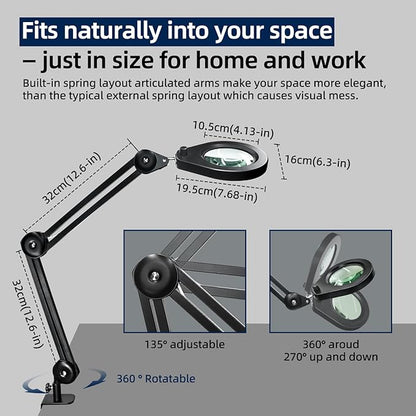 LED Magnifying Lamp with Premium Swing Arm, 5X Magnifying Glass with 5-Color Dimmable Light, Heavy-Duty Work Lamp Hands Free for Crafts, Precision Work, Estheticians - New Rotary Switch Design