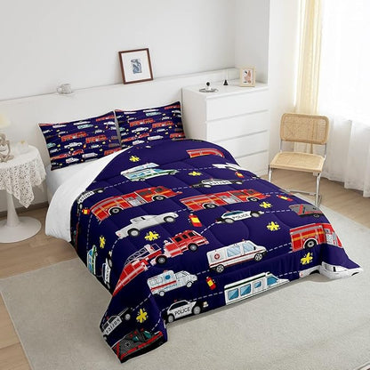 Feelyou Fire Truck Bedding Bed Set Police Car Comforter Set for Kids Boys Girls Teens Decor Engine Ambulance Cute Comforter Emergency Vehicle Blue Soft Quilt Room 3Pcs Queen Size Boys