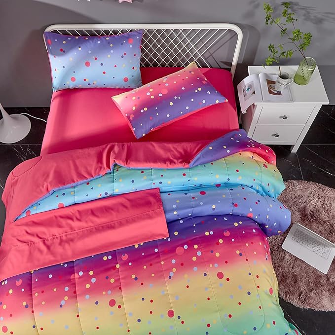 Colorful Polka Dots Rainbow Comforter Set for Teen Girl,Full/Queen Size 5 Piece Bed in A Bag,Circles Printed Comforter and Sheets,Ultra Soft Microfiber All Season Bedding Set(Full/Queen,Dots)