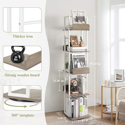 Bikoney Bookshelves 5-Tier, Rotating Bookshelf Tower for Corner, Small Bookcase, Tall Industrial Bookshelf, Narrow Bookshelf, Wood and Metal White