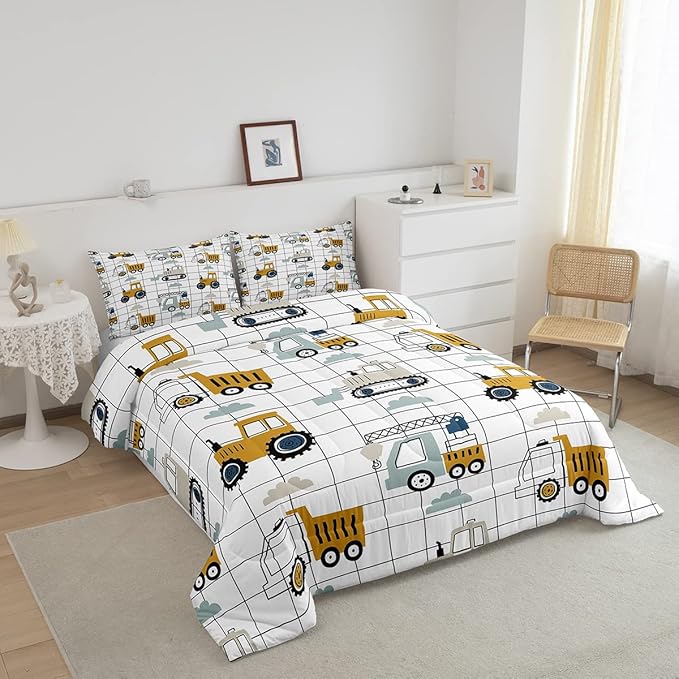Feelyou Kids Cute Cars Bedding Set Boys Cartoon Truck Tractor Cargo Comforter Set Machinery Bulldozer Crane Comforter Black White Grid Duvet Set Bright Decor Quilt Twin Size Boys