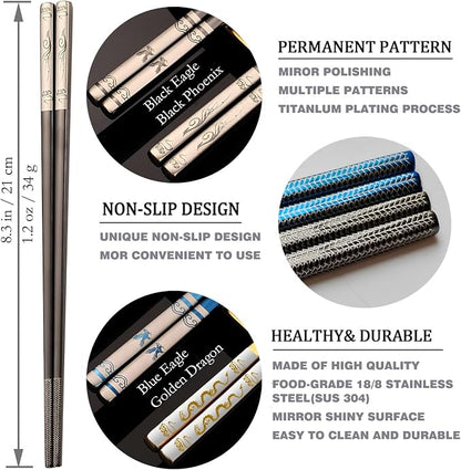 Metal Chopsticks Reusable,Stainless Steel,Titanium Plated,Black Phoenix 1PC | Portable Chop Stick with Case,Good for Beginners,Non-slip,Lightweight,Good for travel,snack,Chinese, Korean,Japanese Cuisines