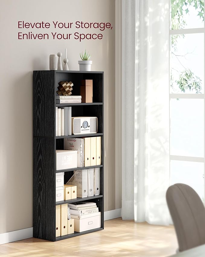 VASAGLE Bookshelf, 23.6 Inches Wide, 5-Tier Open Bookcase with Adjustable Storage Shelves, Floor Standing Unit, Ebony Black ULBC165T56
