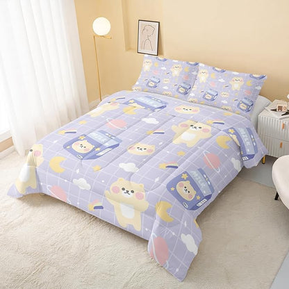 Kawaii Bear Comforter Queen Size,Cartoon Bear Comforter Set for Kids Teens Girls,3Pcs Bedding Set Printed Comforter with 2 Pillowcases,Down Alternative,Soft and Lightweight(Purple，Queen Size)