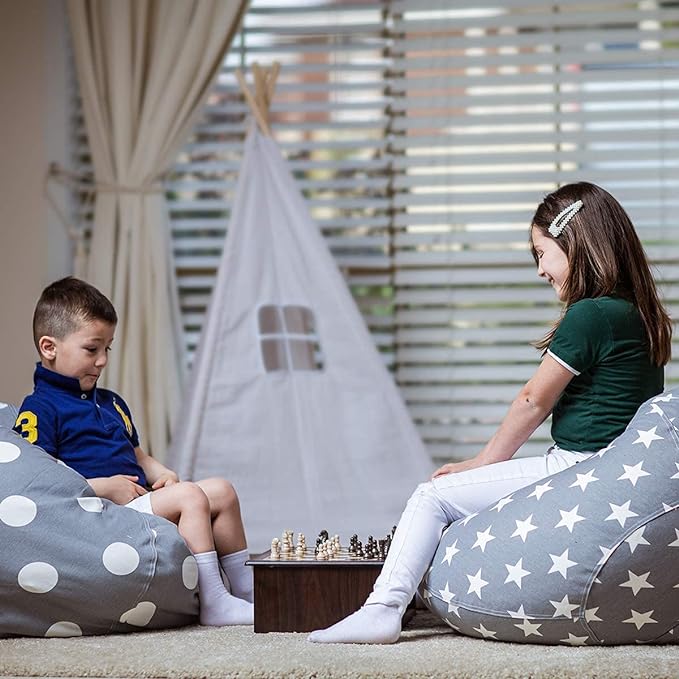 Wekapo Stuffed Animal Storage Bean Bag Chair Cover for Kids | Stuffable Zipper Beanbag for Organizing Children Plush Toys Large Premium Cotton Canvas (Grey Star, XX-Large)