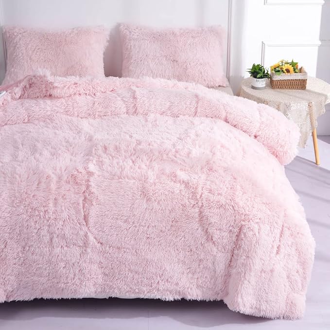 Faux Fur Kids Girls Light Pink Comforter Sets Queen - 3PC Bed Set Warm Comfortable Soft Plush Flannel Velvet Fluffy Fuzzy Bedding（Comforter x 1 Pillowcases x 2）