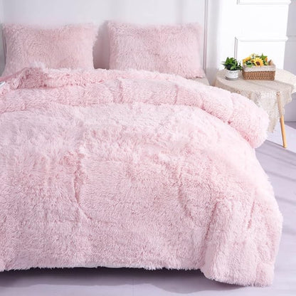 Faux Fur Kids Girls Light Pink Comforter Sets Twin/Full - 3PC Bed Set Warm Comfortable Soft Plush Flannel Velvet Fluffy Fuzzy Bedding（Comforter x 1 Pillowcases x 2）