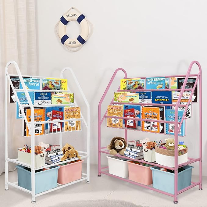 aboxoo Metal Kids Bookshelf Pink Bookcase Freestanding for Children Girls Room 32 inches Large Toddler Pink Stable Bookcase Bookstore Library Book Unit Storage