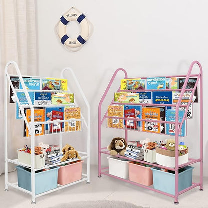 aboxoo Metal Kids Bookshelf Pink Bookcase Freestanding for Children Girls Room 32 inches Large Toddler Pink Stable Bookcase Bookstore Library Book Unit Storage