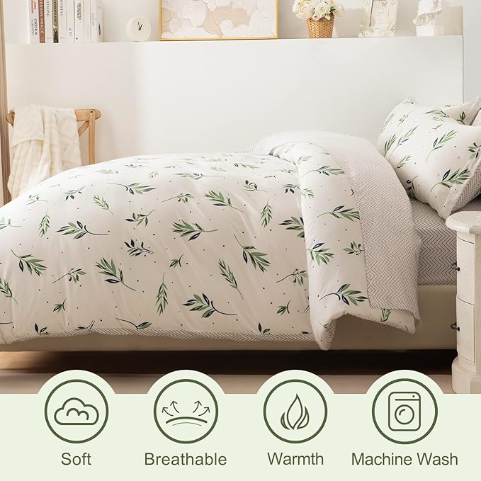 EMME Queen Comforter Set - Sage Green Floral Bedding Set 7 PCS with Nature Leaves Pattern, Soft Leaf Printed Botanical Bed Set with Sheets, Fluffy Bed Bag for All Season(90"X90")
