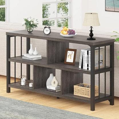 IBF Industrial 5 Cube Storage Organizer Bookshelf, Rustic Low Horizontal Book Shelf, Metal and Wood Cube Bookcase for Bedroom, Modern Wide Cubby Shelf for Living Room Home Office, Dark Grey Oak, 47 In