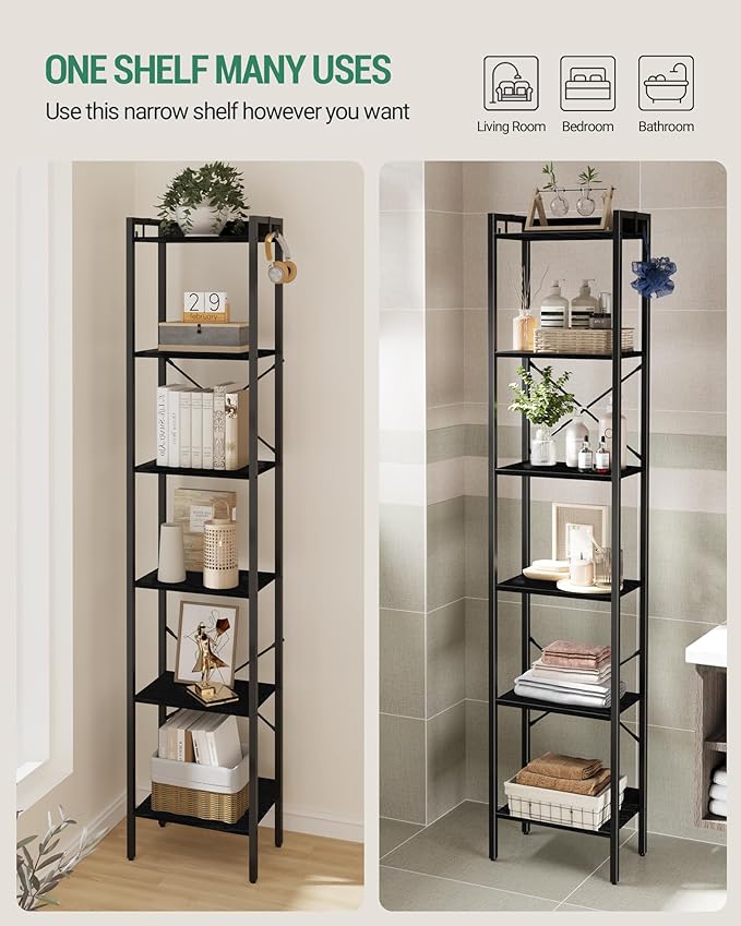 Bookshelf, Book Shelf, Industrial Bookcase with 2 Hooks, Coner Shelf Storage Organizer for Home Office, Living Room, Bedroom, Kitchen, 6-Tier Black BC10704B