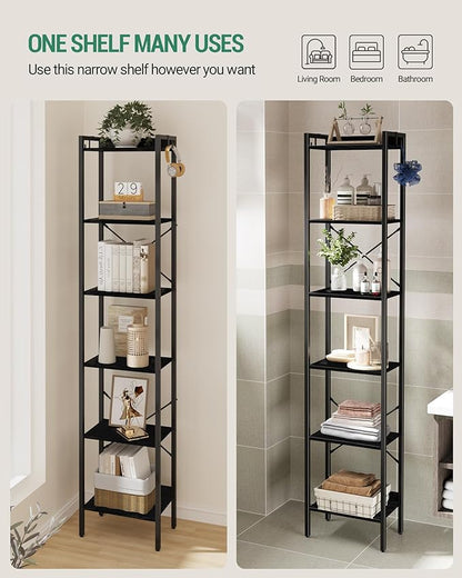 Bookshelf, Book Shelf, Industrial Bookcase with 2 Hooks, Coner Shelf Storage Organizer for Home Office, Living Room, Bedroom, Kitchen, 6-Tier Black BC10704B