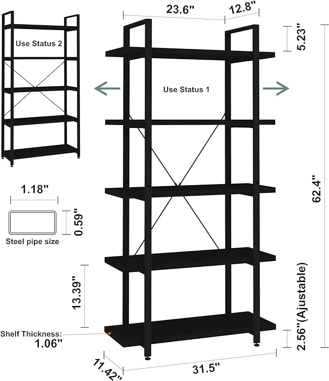 Panana 5 Tier Industrial Rustic Wooden Bookshelves, Vintage Open Wood and Metal Farmhouse Bookshelf Heavy Duty Storage Shelving Unit Rack (Black)