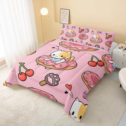 Kawaii Cat Comforter King Size,Doughnut Cherry Cat Comforter Set for Kids Teens Girls,3Pcs Bedding Set Printed Comforter with 2 Pillowcases,Soft and Lightweight(Pink，King Size)