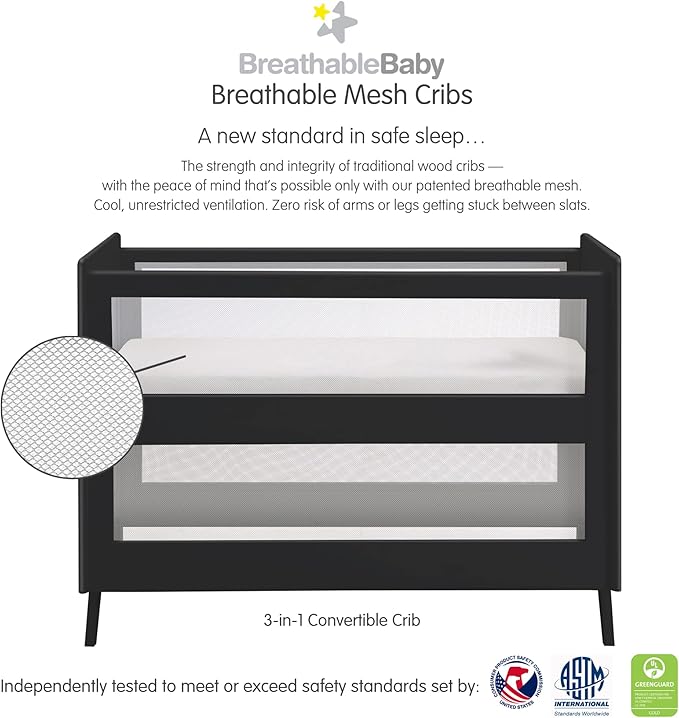 BreathableBaby Breathable Mesh 3-in-1 Convertible Crib (Toddler Bed Kit Sold Separately) — Black — Two Adjustable Mattress Heights — Greenguard Gold Certified
