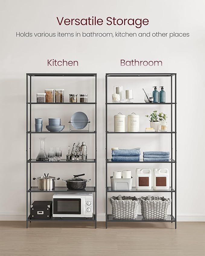 VASAGLE Bookcase, 6-Tier Bookshelf, Slim Shelving Unit for Bedroom, Bathroom, Home Office, Tempered Glass, Steel Frame, Ink Black and Slate Gray ULGT503G01