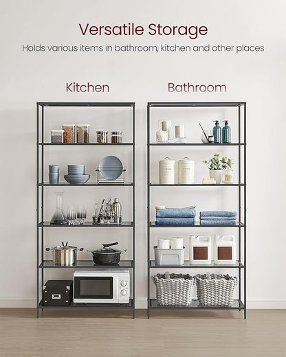 VASAGLE Bookcase, 6-Tier Bookshelf, Slim Shelving Unit for Bedroom, Bathroom, Home Office, Tempered Glass, Steel Frame, Ink Black and Slate Gray ULGT503G01