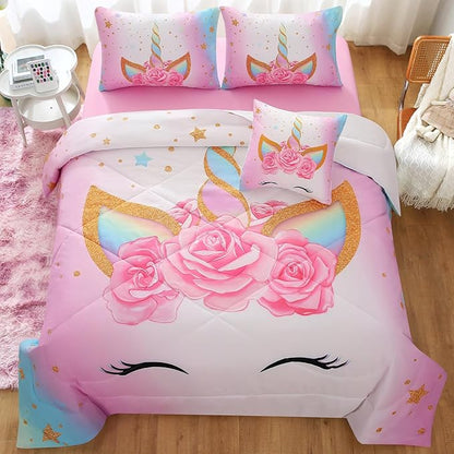 JQinHome Unicorn Full Bedding Sets for Girls Kids,6 Piece Bed in A Bag 3D Colorful Flower Girl Unicorn Comforter Set (1 Comforter,2 Pillowcases,1 Flat Sheet,1 Fitted Sheet,1 Cushion Cover)