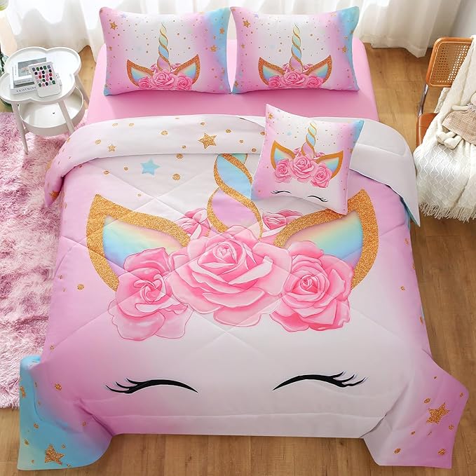 JQinHome Unicorn Twin Bedding Sets for Girls Kids,6 Piece Bed in A Bag 3D Colorful Flower Girl Unicorn Comforter Set with Sheet Set