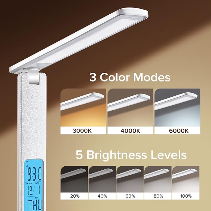 LAOPAO LED Desk Lamp with Wireless Charger, USB Charging Port, Adjustable Foldable Table Lamp with Clock, Alarm, Date, Temperature, 5-Level Dimmable Lighting, Office Lamp with Adapter, White