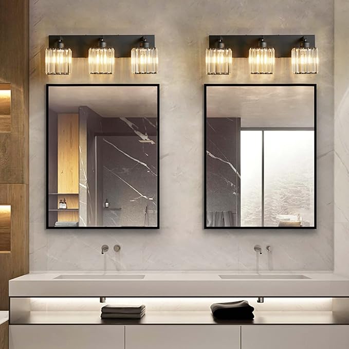 Modern Bathroom Vanity Light 3-Lights Modern Black Crystal Wall Light Bathroom Vanity Light Fixtures