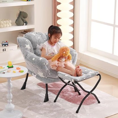 Welnow Toddler Kids Lazy Chair with Ottoman, Glow in The Dark Accent Comfy Lounge Children Armchair Couch with Removable Cover, Detachable Reading Chair with Footrest for Boy or Girl, Grey Star