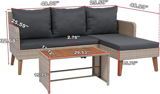 3-Piece Outdoor PE Rattan Furniture Set, Patio Wicker Conversation Loveseat Sofa Sectional Couch with Thick Cushion for Backyard, Deck, Poolside, Zn-Dark Grey