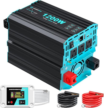 1200 Watt Pure Sine Wave Inverter, Power Inverter for Car, Camping, Solar, RV, Truck, Home, 12V DC to 120V AC Inverters with 3 AC Outlet, 30W USB-C, 5V 3.1A USB, Remote Control, Surge 2400W