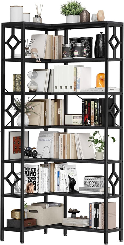YITAHOME 7 Tier Corner Bookshelf Reversible Bookcase, Tall Bookshelf Display Rack Shelf with Metal Frame for Living Room, Bedroom, Home Office, Black