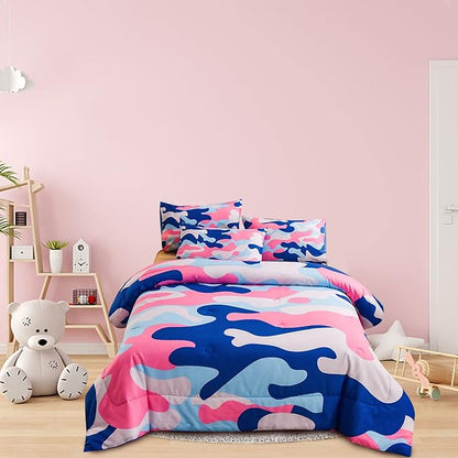 Meeting Story Camouflage Bedding Set, Colorful Pattern Style Queen Camouflage Comforter Set, 3 PCS 1 Comforter and 2 Pillowcases in 1 Bag, All Season Bedspread for Kids Teens Adults (Blue, Queen)