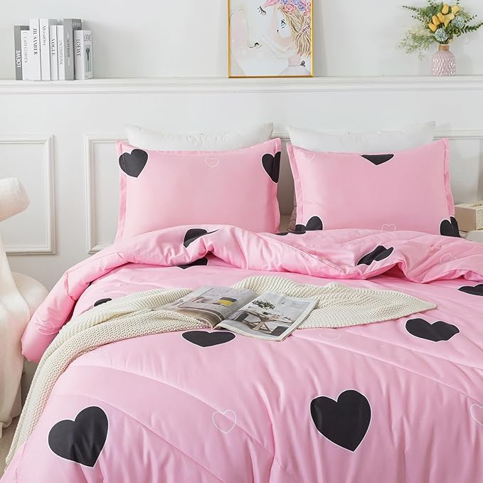 Love Pattern Girls Pink Comforter Set King Size, Blush Pink Cute Love Heart Sexy Comforter Bedding Set for All Seasons, Soft Microfiber 3 Pieces Comforter Set with Pillowcases